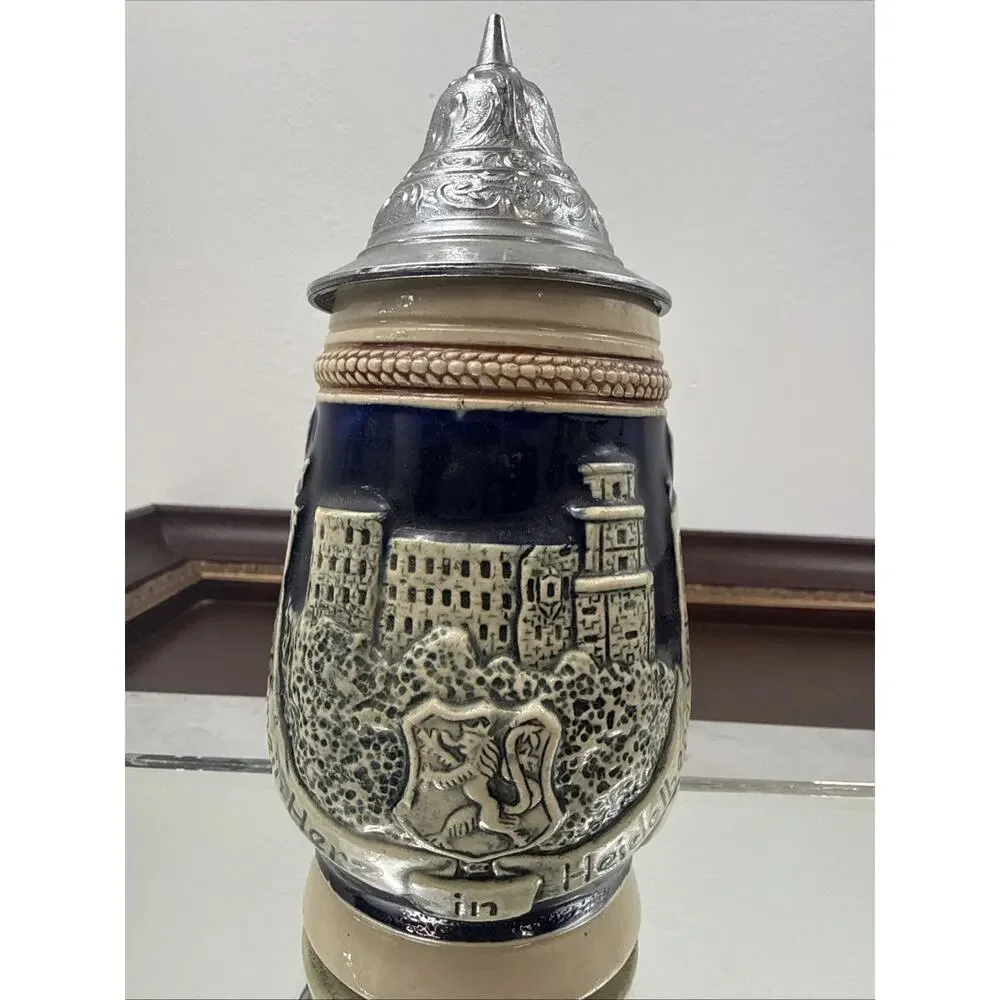 Vintage Original King German Beer Stein Cobalt Blue Castle Relief Pewter Lid KWG
